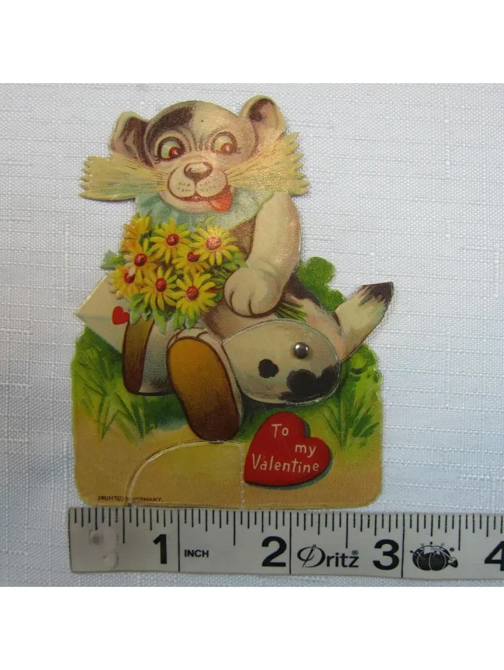 Vintage Valentine Card Mechanical Puppy Dog w/ Flowers Stand Up Germany 1920-30s